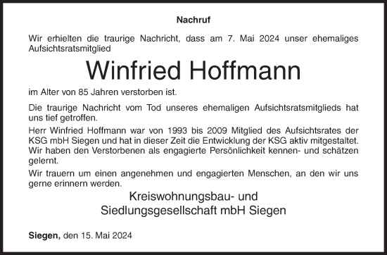 Traueranzeige von Winfried Hoffmann von Siegener Zeitung