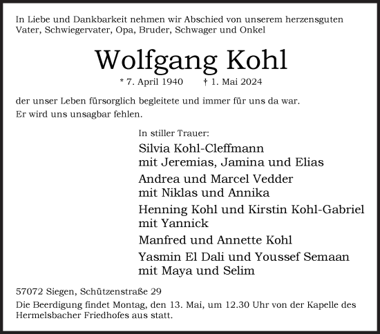 Traueranzeige von Wolfgang Kohl von Siegener Zeitung