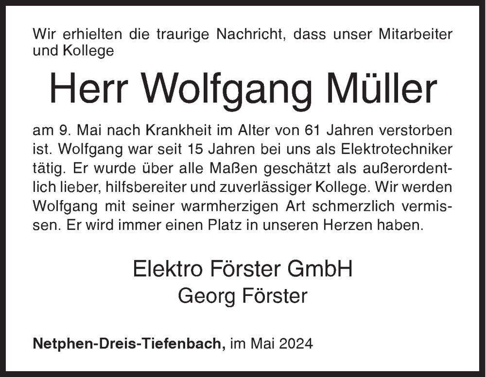  Traueranzeige für Wolfgang Müller vom 18.05.2024 aus Siegener Zeitung