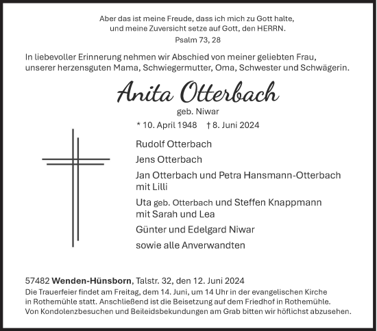 Traueranzeige von Anita Otterbach von Siegener Zeitung