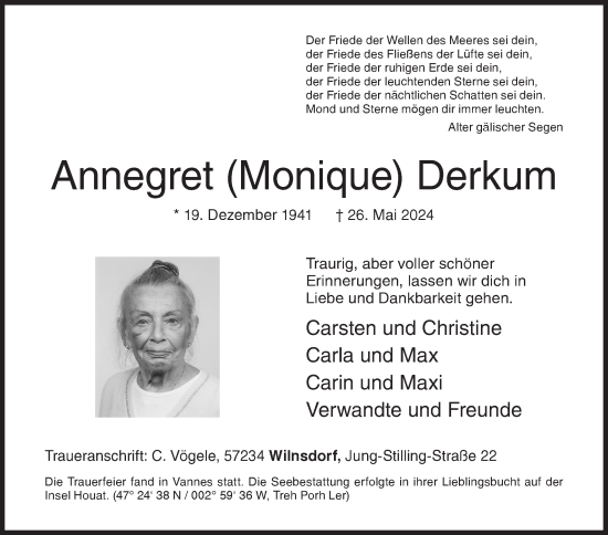 Traueranzeige von Annegret Derkum von Siegener Zeitung