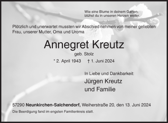 Traueranzeige von Annegret Kreutz von Siegener Zeitung