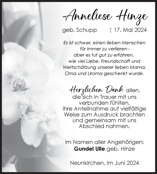 Traueranzeige von Anneliese Hinze von Siegener Zeitung