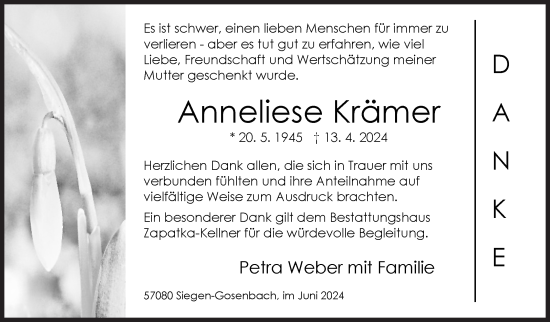 Traueranzeige von Anneliese Krämer von Siegener Zeitung