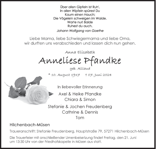 Traueranzeige von Anneliese Pfandke von Siegener Zeitung
