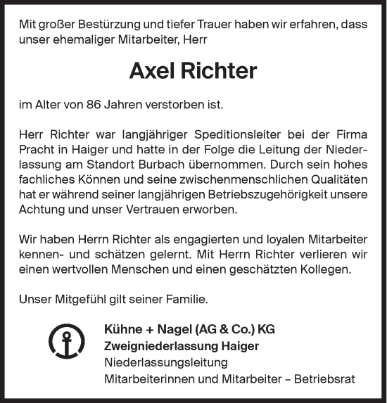 Traueranzeige von Axel Richter von Siegener Zeitung
