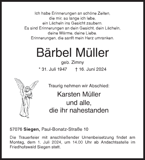 Traueranzeige von Bärbel Müller von Siegener Zeitung