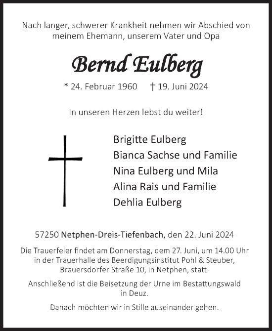 Traueranzeige von Brigitte Eulberg von Siegener Zeitung