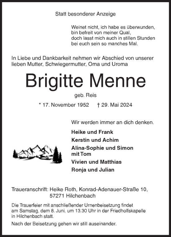 Traueranzeige von Brigitte Menne von Siegener Zeitung