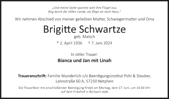 Traueranzeige von Brigitte Schwartze von Siegener Zeitung