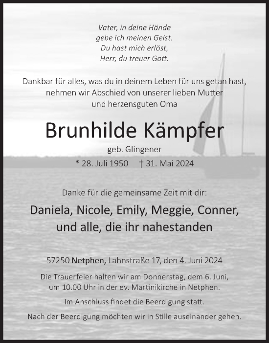 Traueranzeige von Brunhilde Kämpfer von Siegener Zeitung