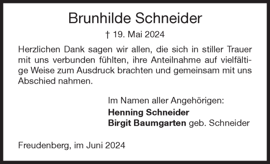 Traueranzeige von Brunhilde Schneider von Siegener Zeitung