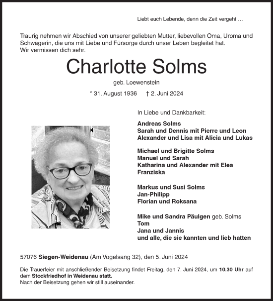 Traueranzeige von Charlotte Solms von Siegener Zeitung