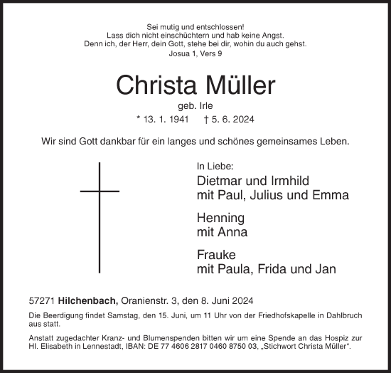 Traueranzeige von Christa Müller von Siegener Zeitung