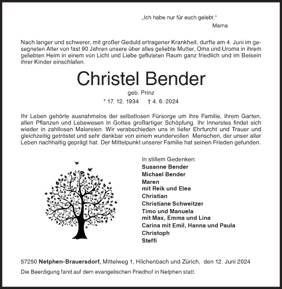 Traueranzeige von Christel Bender von Siegener Zeitung