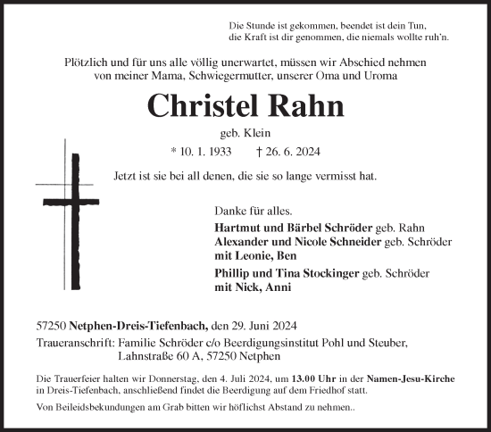 Traueranzeige von Christel Rahn von Siegener Zeitung
