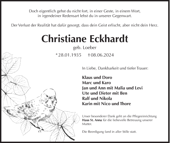 Traueranzeige von Christiane Eckhardt von Siegener Zeitung