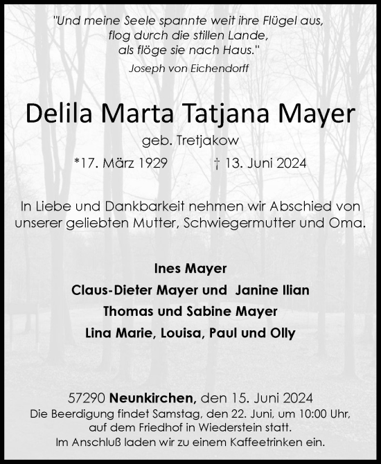 Traueranzeige von Delila Marta Tatjana Mayer von Siegener Zeitung