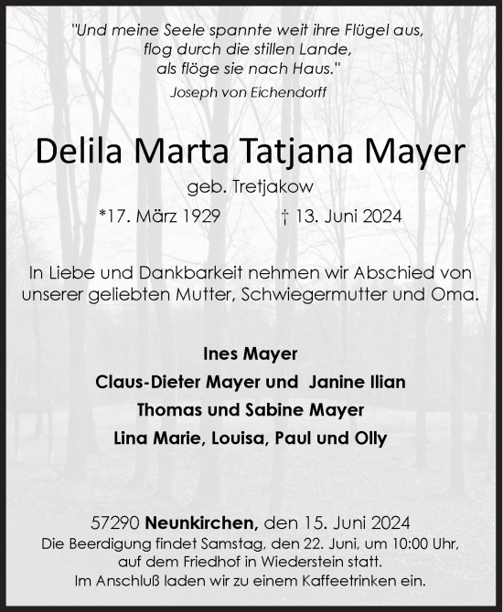 Traueranzeige von Delila Marta Tatjana Mayer von Siegener Zeitung