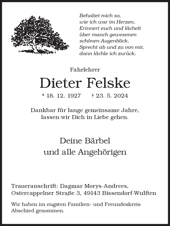 Traueranzeige von Dieter Felske von Siegener Zeitung