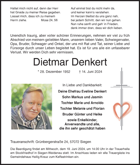 Traueranzeige von Dietmar Denkert von Siegener Zeitung