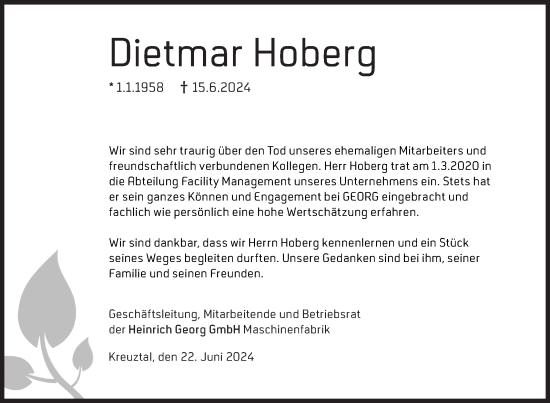 Traueranzeige von Dietmar Hoberg von Siegener Zeitung