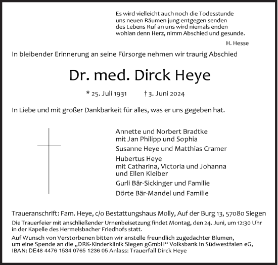 Traueranzeige von Dirck Heye von Siegener Zeitung