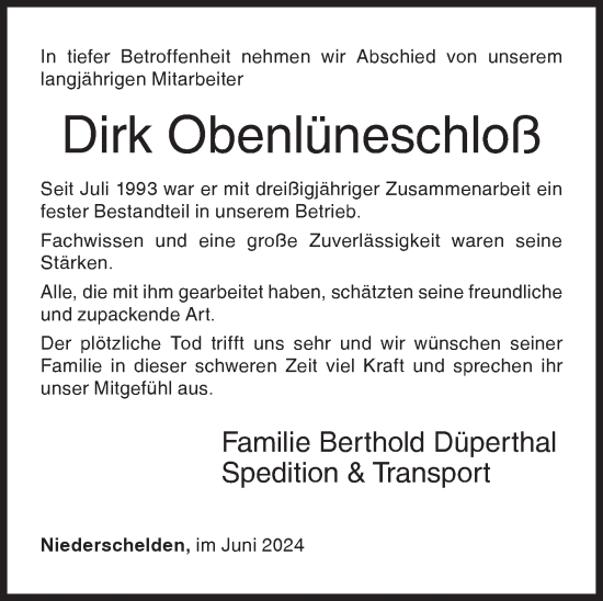 Traueranzeige von Dirk Obenlüneschloß von Siegener Zeitung