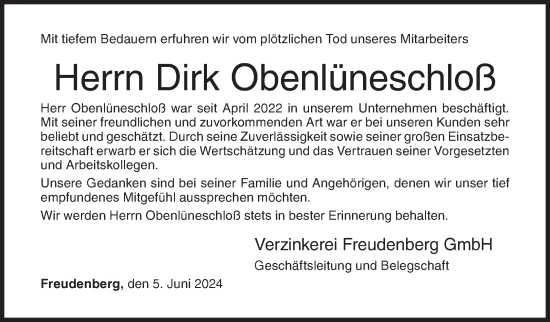 Traueranzeige von Dirk Obenlüneschloß von Siegener Zeitung