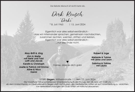 Traueranzeige von Dirk Reusch von Siegener Zeitung