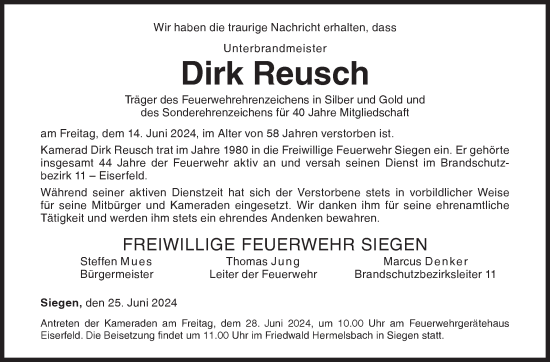 Traueranzeige von Dirk Reusch von Siegener Zeitung