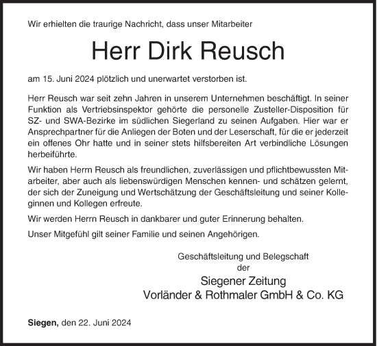 Traueranzeige von Dirk Reusch von Siegener Zeitung