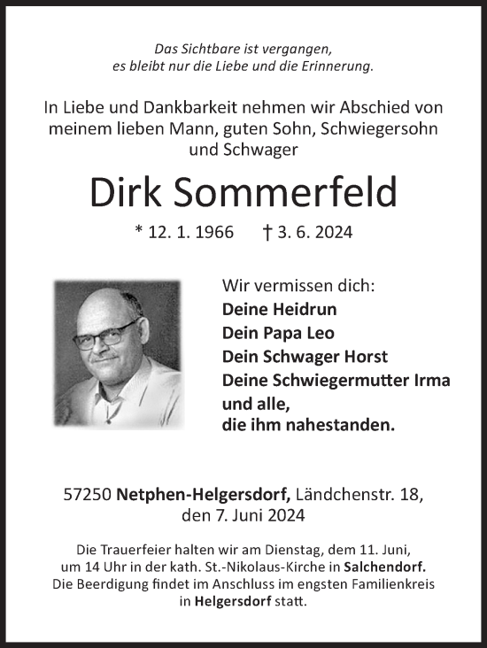 Traueranzeige von Dirk Sommerfeld von Siegener Zeitung