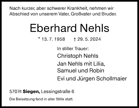 Traueranzeige von Eberhard Nehls von Siegener Zeitung