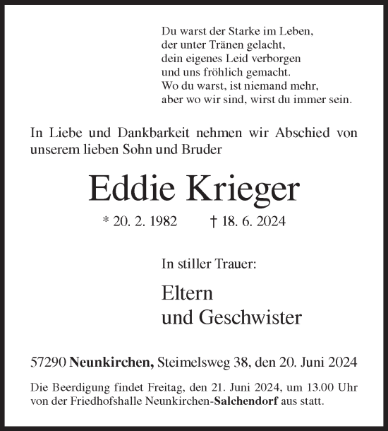 Traueranzeige von Eddie Krieger von Siegener Zeitung