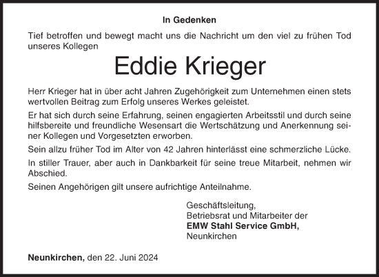 Traueranzeige von Eddie Krieger von Siegener Zeitung