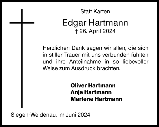 Traueranzeige von Edgar Hartmann von Siegener Zeitung