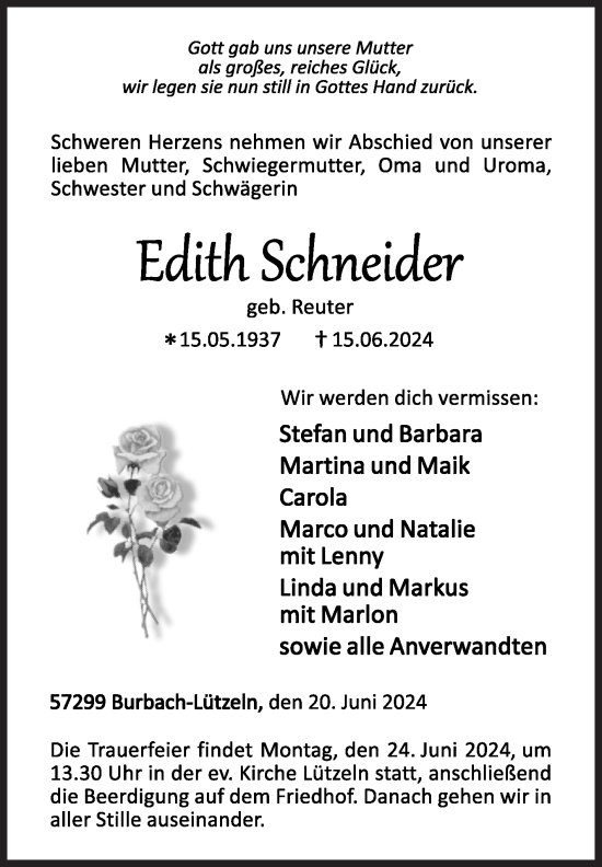 Traueranzeige von Edith Schneider von Siegener Zeitung