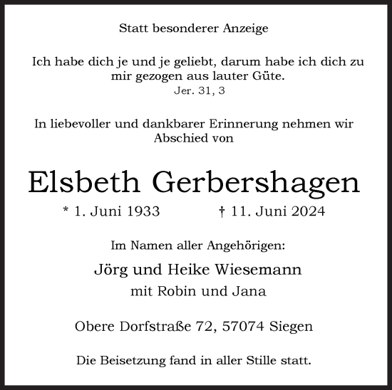 Traueranzeige von Elsbeth Gerbershagen von Siegener Zeitung