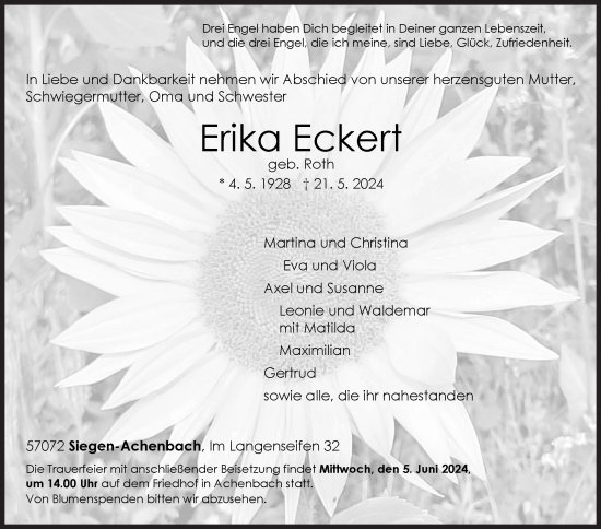 Traueranzeige von Erika Eckert von Siegener Zeitung