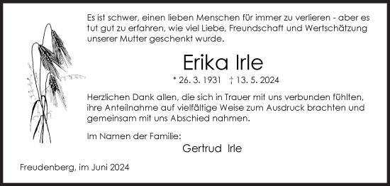 Traueranzeige von Erika Irle von Siegener Zeitung
