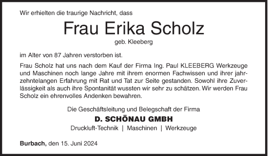 Traueranzeige von Erika Scholz von Siegener Zeitung