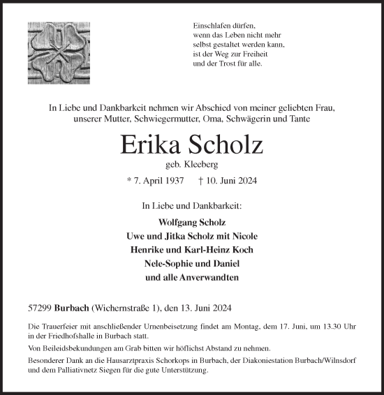 Traueranzeige von Erika Scholz von Siegener Zeitung