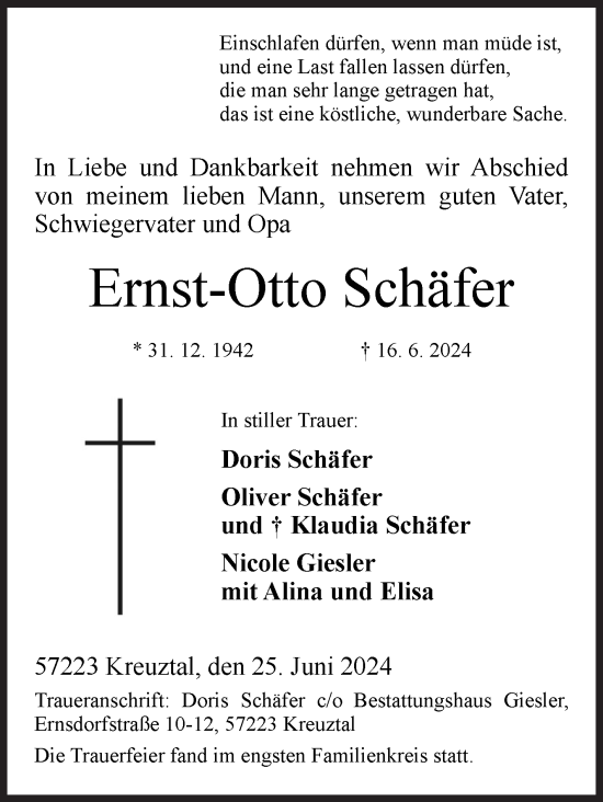 Traueranzeige von Ernst-Otto Schäfer von Siegener Zeitung