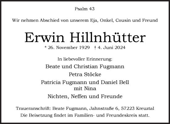 Traueranzeige von Erwin Hillnhütter von Siegener Zeitung