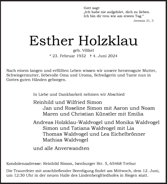 Traueranzeige von Esther Holzklau von Siegener Zeitung