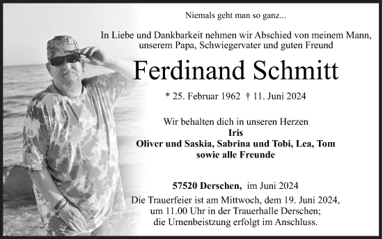 Traueranzeige von Ferdinand Schmitt von Siegener Zeitung