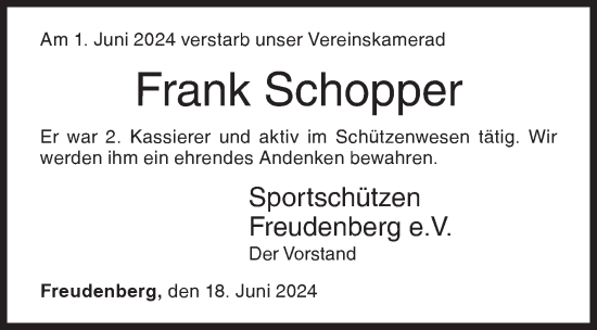 Traueranzeige von Frank Schopper von Siegener Zeitung