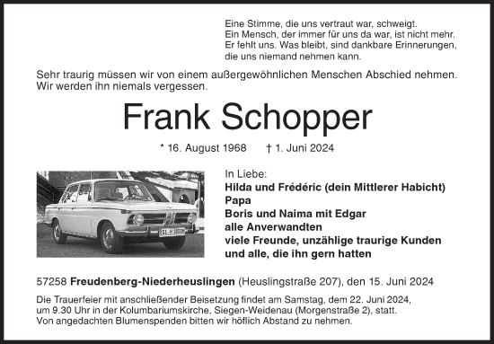 Traueranzeige von Frank Schopper von Siegener Zeitung