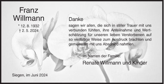 Traueranzeige von Franz Willmann von Siegener Zeitung